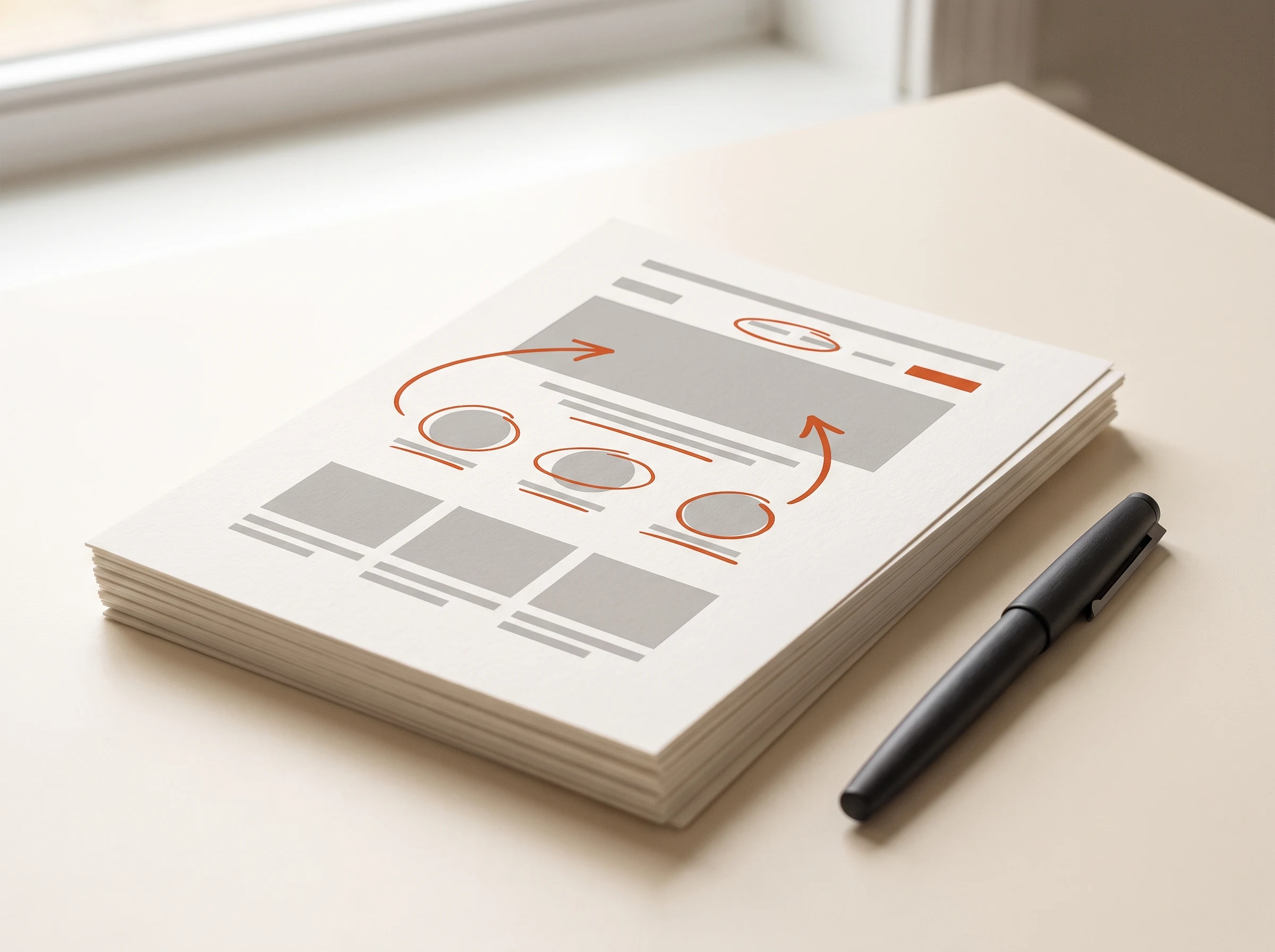 Ausgedruckte Landingpage-Wireframes auf einem Schreibtisch, von Hand mit orangefarbenem Marker überarbeitet.